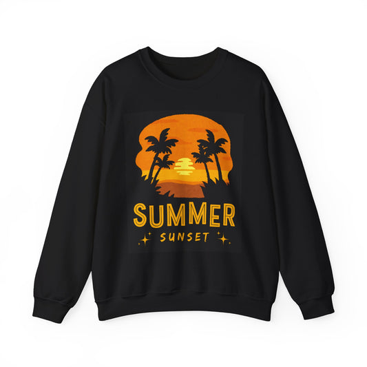 Black sweatshirt with 'Summer Sunset' design featuring palm trees and a sunset on a white background
